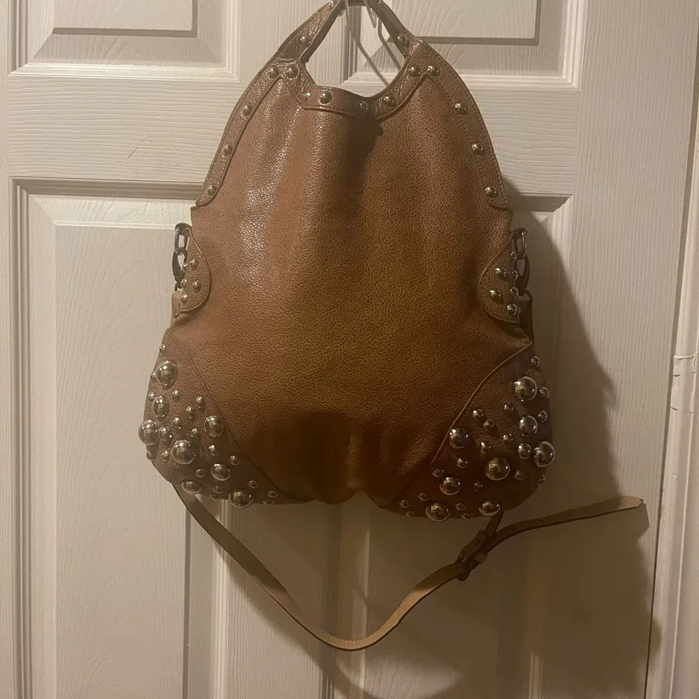 Charm & Luck leather Brown silver Studded large Hobo Bag
